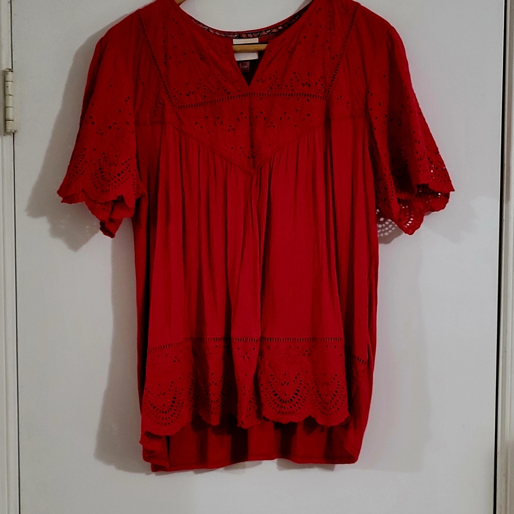 Knox Rose Red Eyelet Flutter Sleeve Blouse